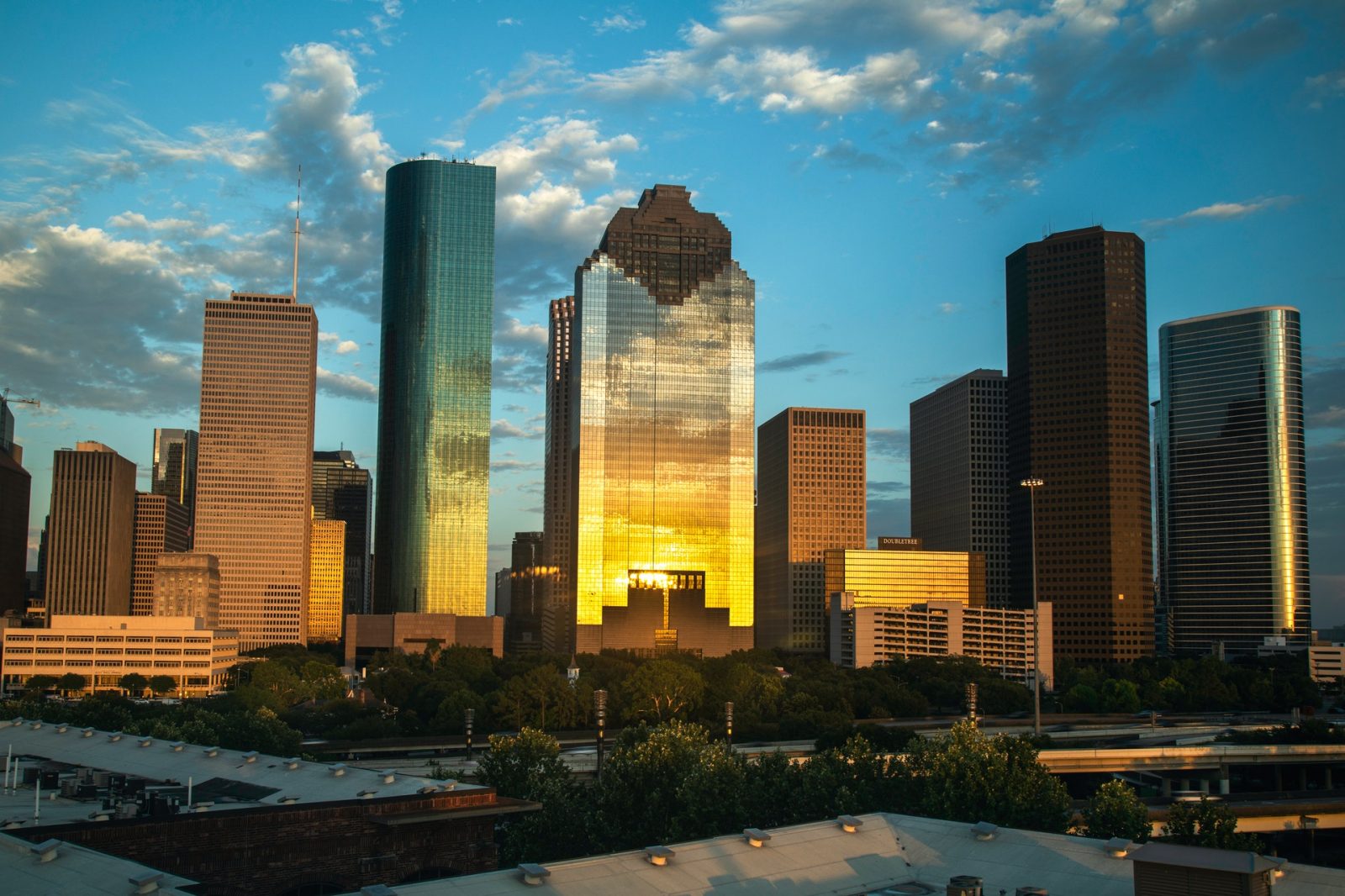 Houston, texas skyline during sunset